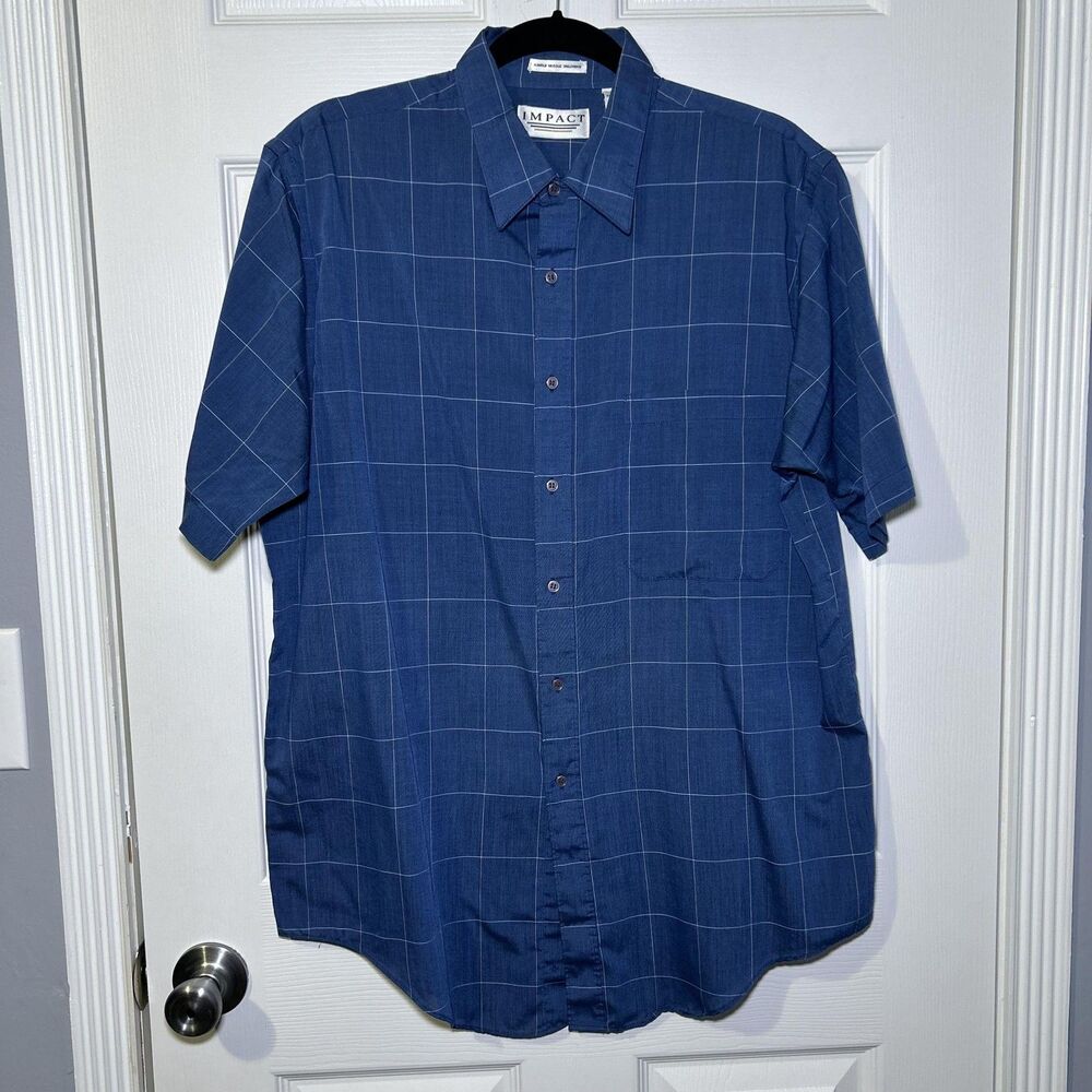 Impact Shirt Men's Large Blue Check Short Sleeve Button Front Pocket Casual NWOT